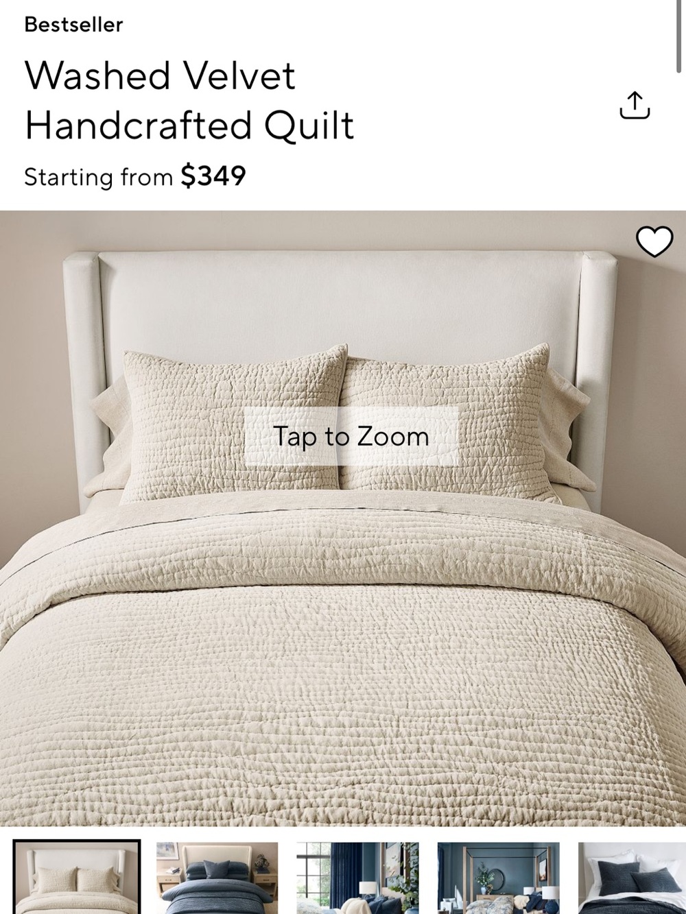 Pottery Barn Washed Velvet Handcrafted Quilt - Cream Parchment